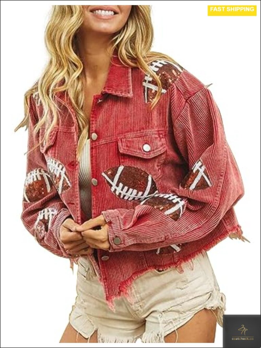 Women's Cropped Frayed Hem Corduroy Shacket Sequin Patch Embellished